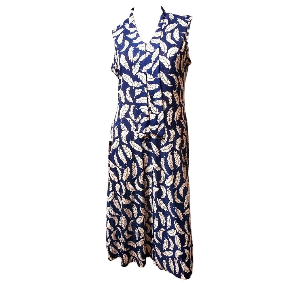 Navy Blue Feather Print Sleeveless Midi Dress Tie Neck A-Line Size XL For Women